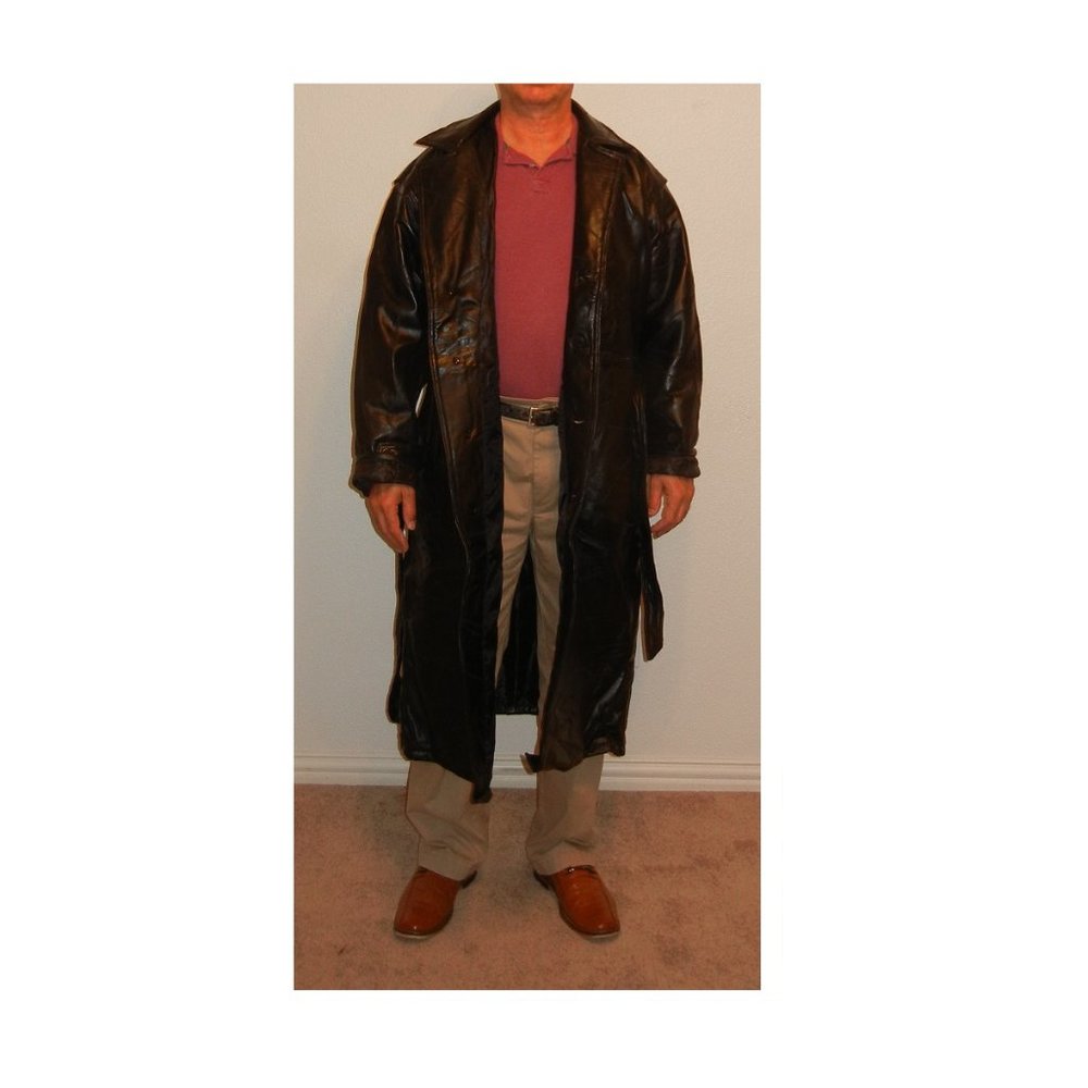 Men's Leather Trench Coat Long Overcoat Lined - Picture 3 of 7
